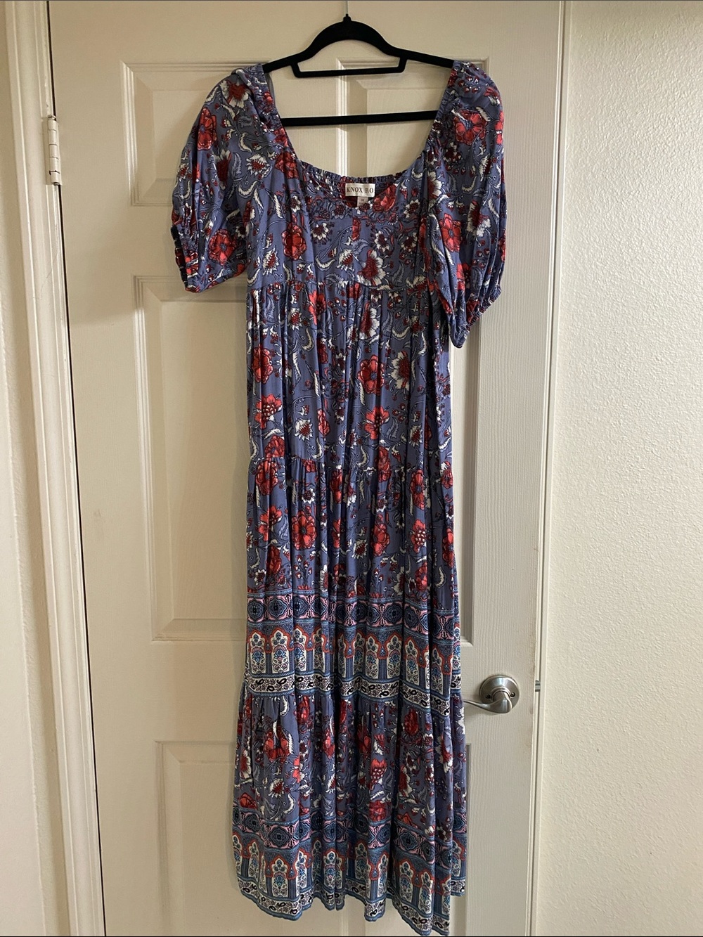 Knox Rose Blue Maxi Dress with Red Floral Print